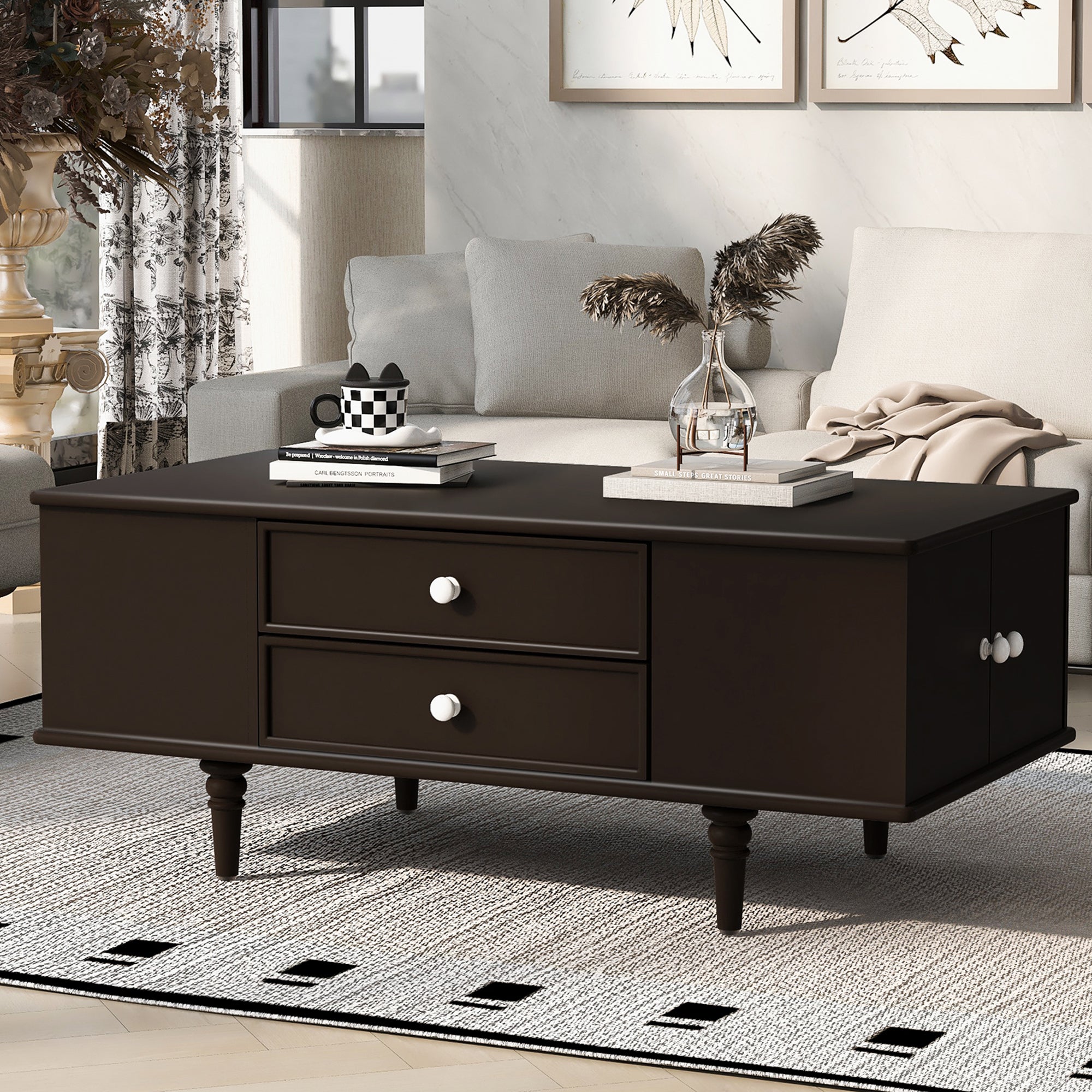 U-Can Modern Rectangle Coffee Table with Four Drawers, Two Side Hidden Storage Compartments, 47.2' Wood Coffee Table with Metal Handles and Four Solid Wood Legs for Living Room