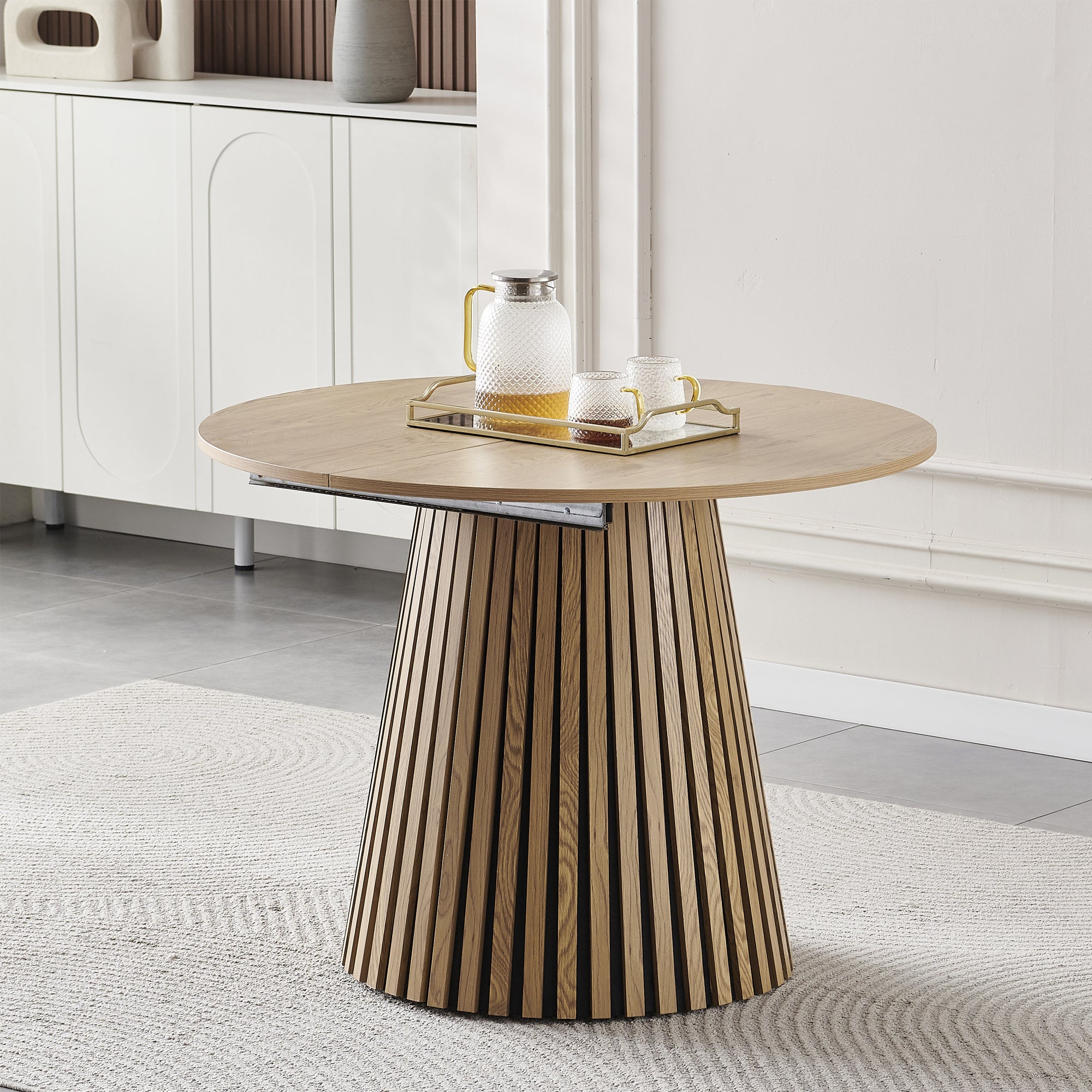 Wood Extendable Dining Table, Modern Oval Kitchen Table with Stylish Dual - Pillar Design, Perfect for Home Dining & Gathering, Multi-functional and Space-saving, Living Room and Dining Room.
