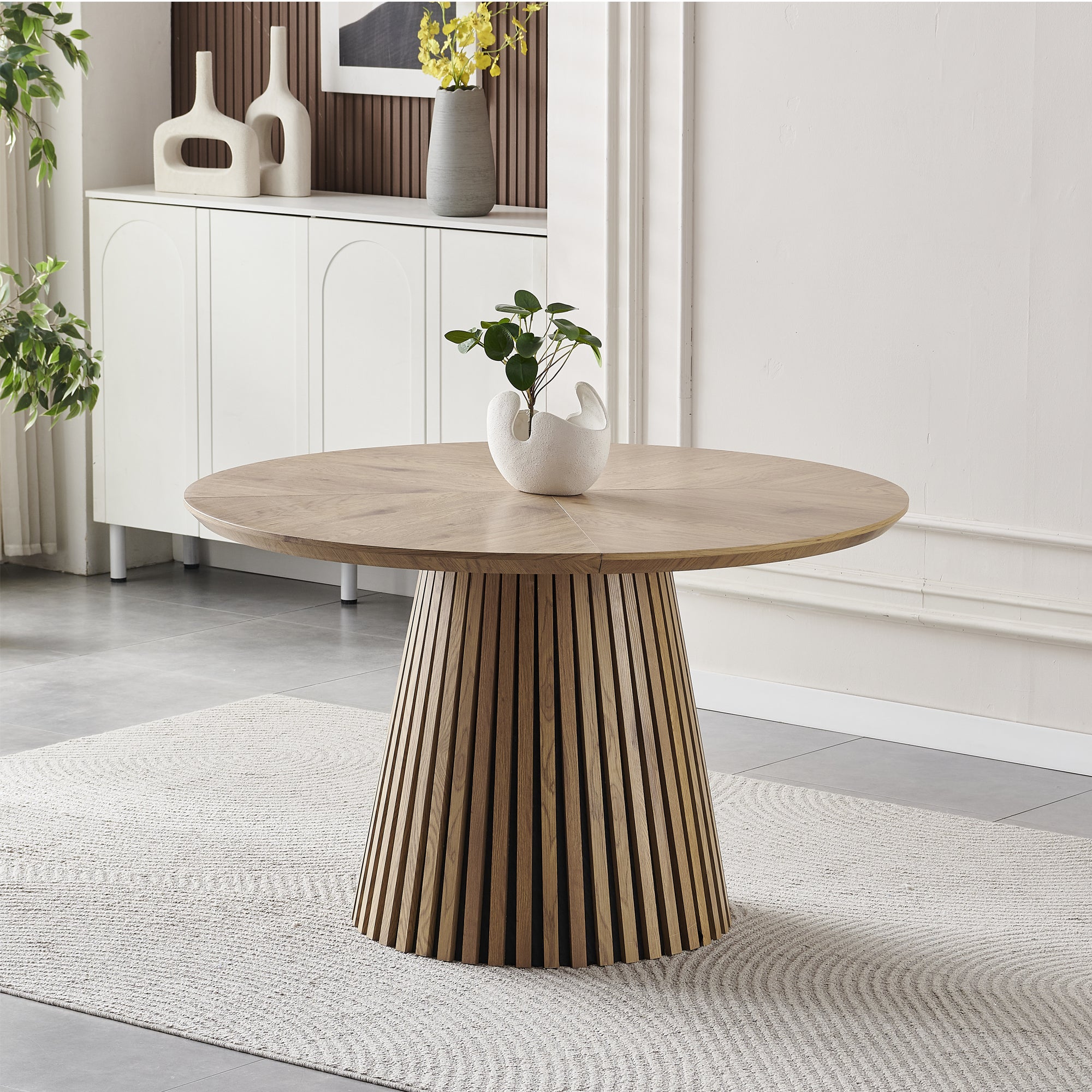 Wood Extendable Dining Table, Modern Oval Kitchen Table with Stylish Dual - Pillar Design, Perfect for Home Dining & Gathering, Multi-functional and Space-saving, Living Room and Dining Room.