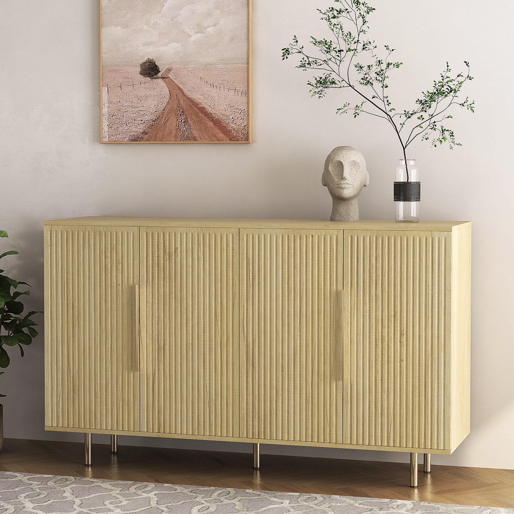 Wood Modern Buffet Cabinet with Storage, Fluted Sideboard Large Buffet with Adjustable Shelves, Credenza, Accent Cabinet Console Table