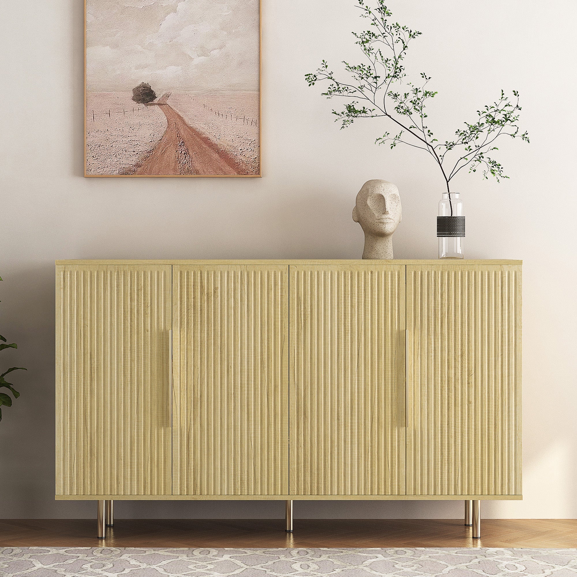 Wood Modern Buffet Cabinet with Storage, Fluted Sideboard Large Buffet with Adjustable Shelves, Credenza, Accent Cabinet Console Table