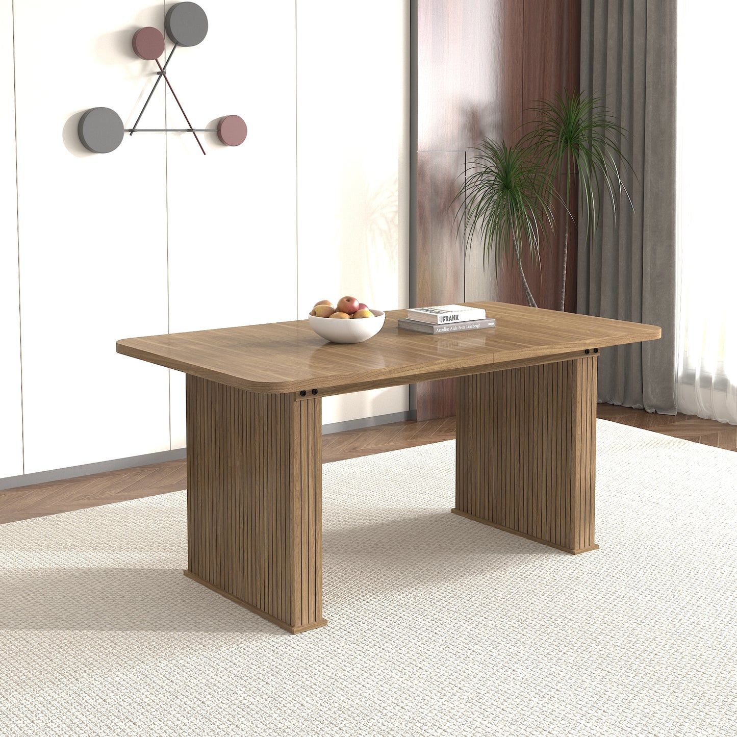 Modern Dining Table for 6-10 People, Wood Kitchen Table with Double Robust Pedestal, Wooden Dinner Table for Dining Room