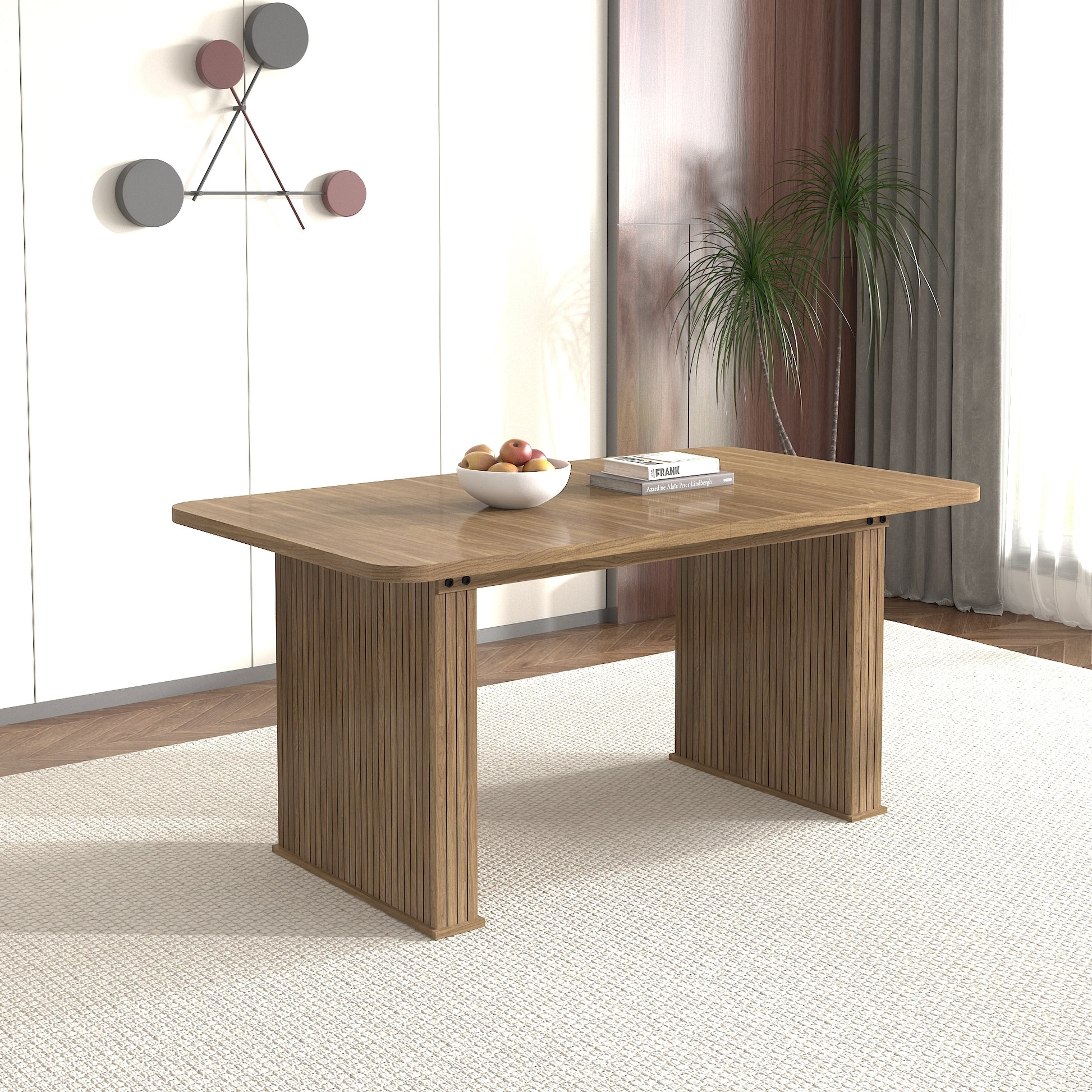 Modern Dining Table for 6-10 People, Wood Kitchen Table with Double Robust Pedestal, Wooden Dinner Table for Dining Room
