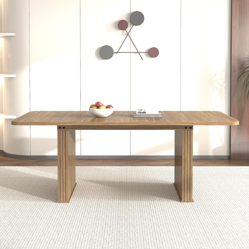 Modern Dining Table for 6-10 People, Wood Kitchen Table with Double Robust Pedestal, Wooden Dinner Table for Dining Room