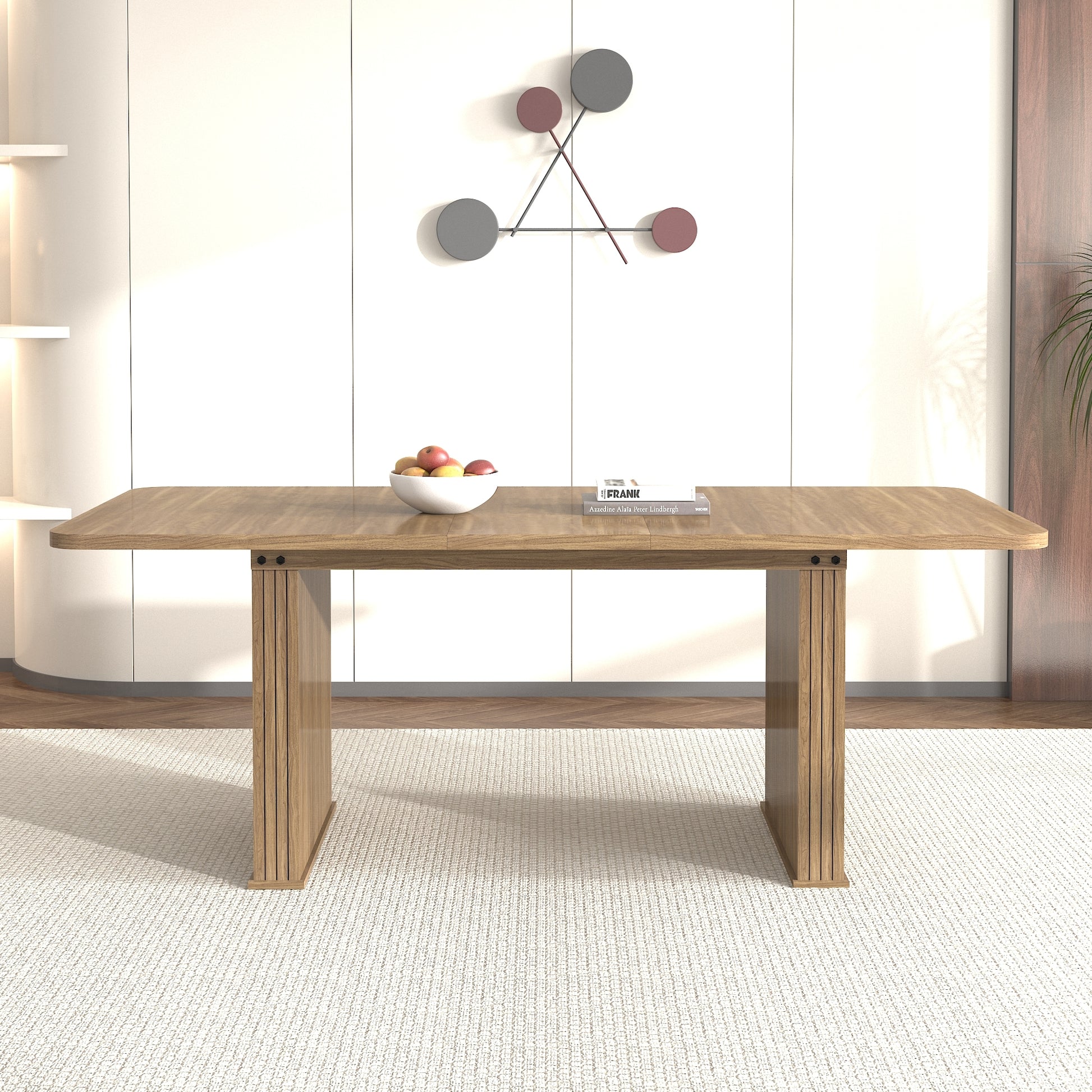 Modern Dining Table for 6-10 People, Wood Kitchen Table with Double Robust Pedestal, Wooden Dinner Table for Dining Room