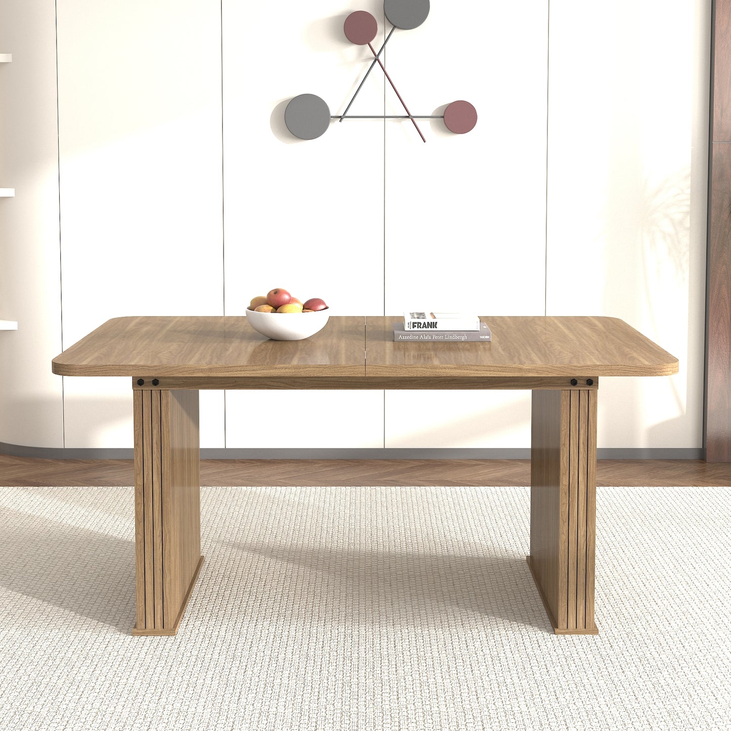 Modern Dining Table for 6-10 People, Wood Kitchen Table with Double Robust Pedestal, Wooden Dinner Table for Dining Room