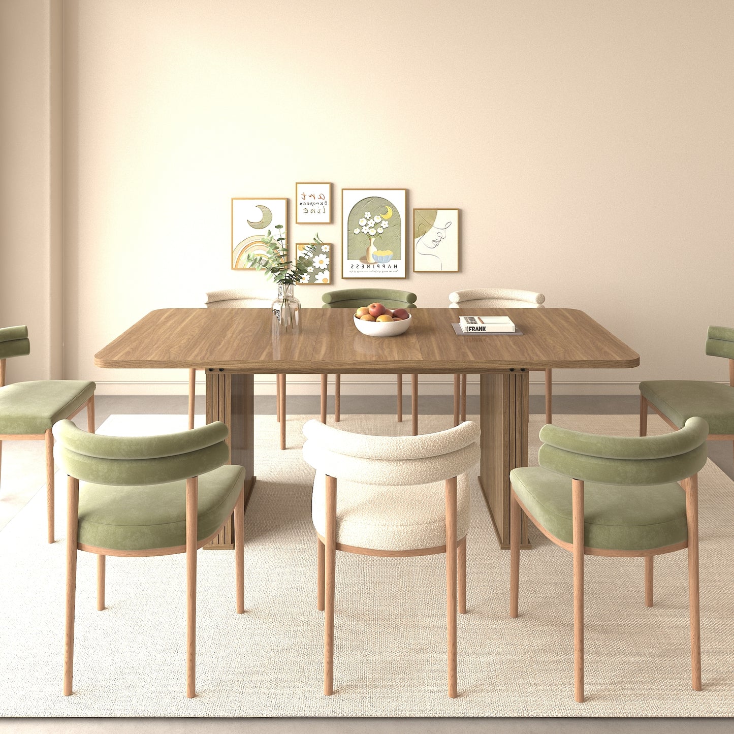 Modern Dining Table for 6-10 People, Wood Kitchen Table with Double Robust Pedestal, Wooden Dinner Table for Dining Room