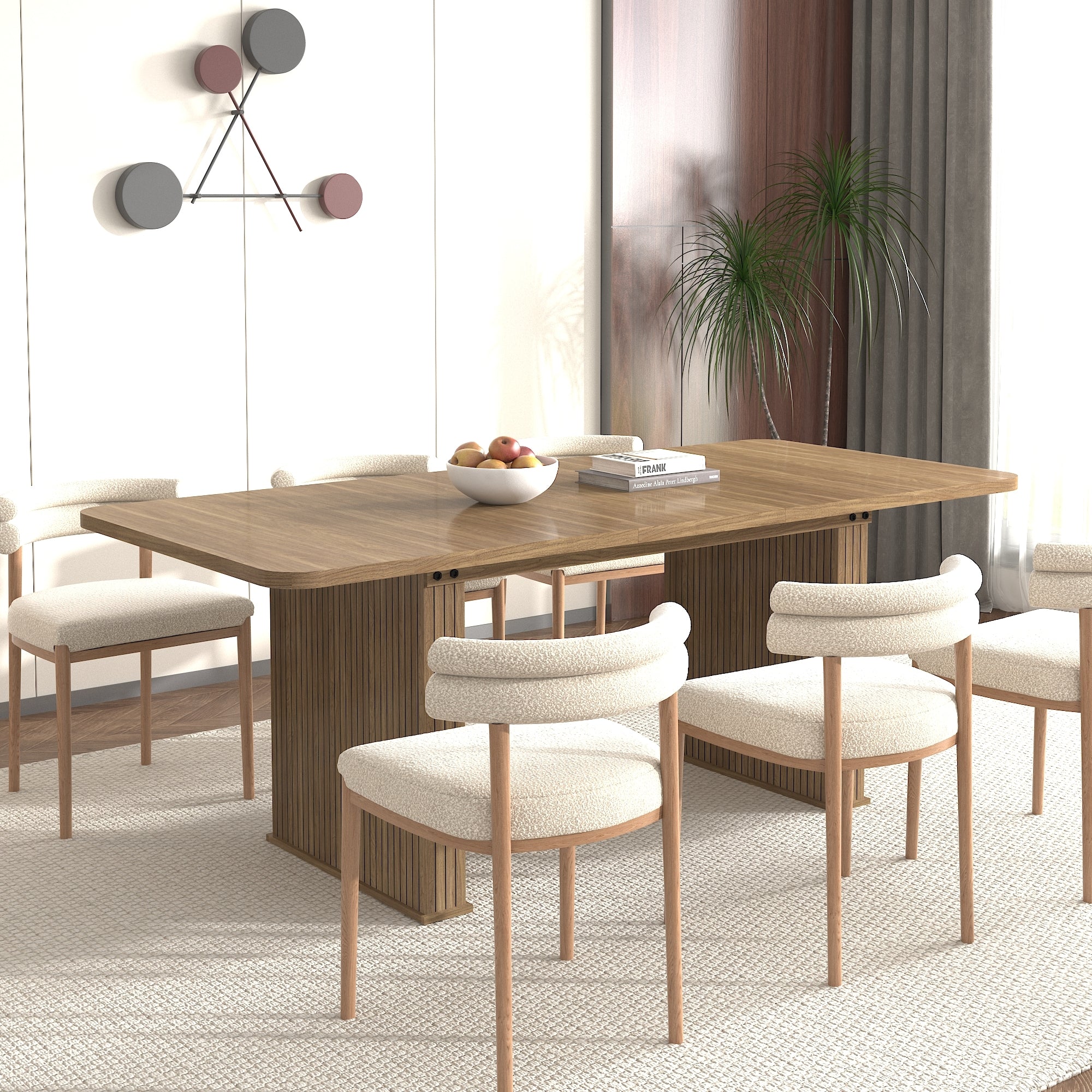 Modern Dining Table for 6-10 People, Wood Kitchen Table with Double Robust Pedestal, Wooden Dinner Table for Dining Room