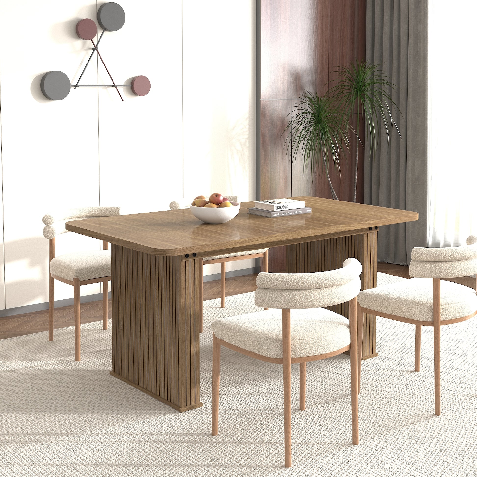 Modern Dining Table for 6-10 People, Wood Kitchen Table with Double Robust Pedestal, Wooden Dinner Table for Dining Room