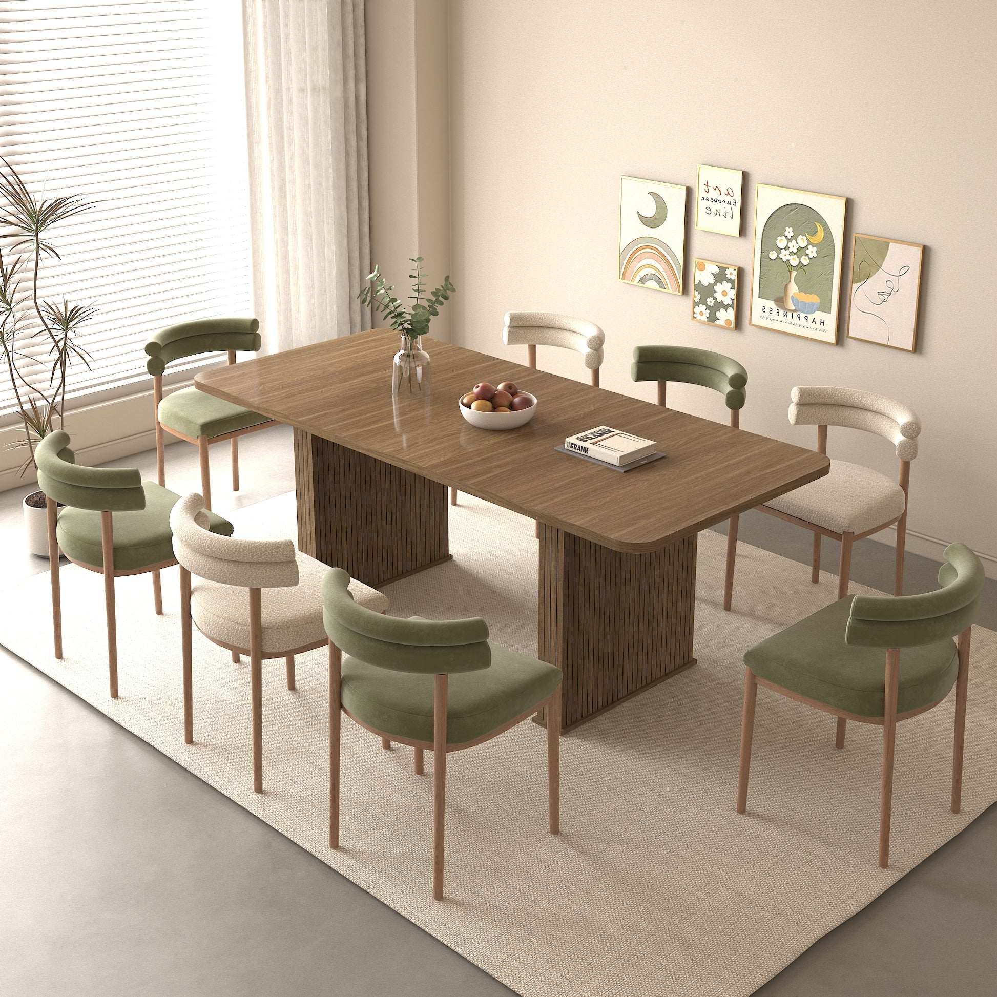 Modern Dining Table for 6-10 People, Wood Kitchen Table with Double Robust Pedestal, Wooden Dinner Table for Dining Room