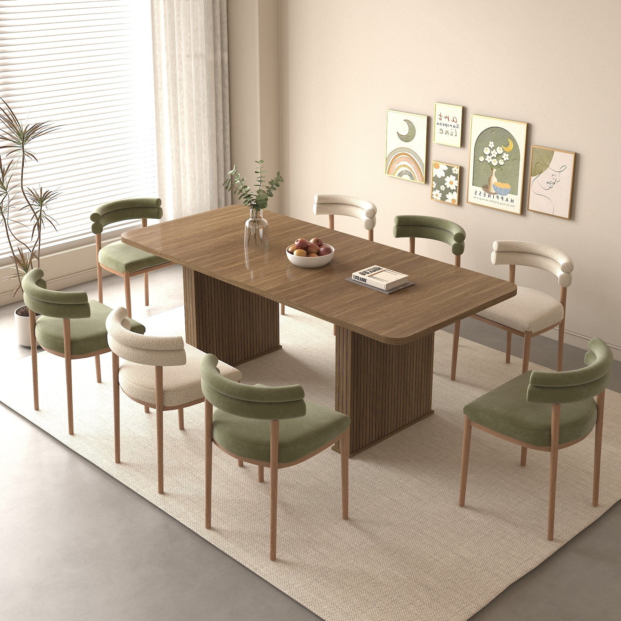 Modern Dining Table for 6-10 People, Wood Kitchen Table with Double Robust Pedestal, Wooden Dinner Table for Dining Room