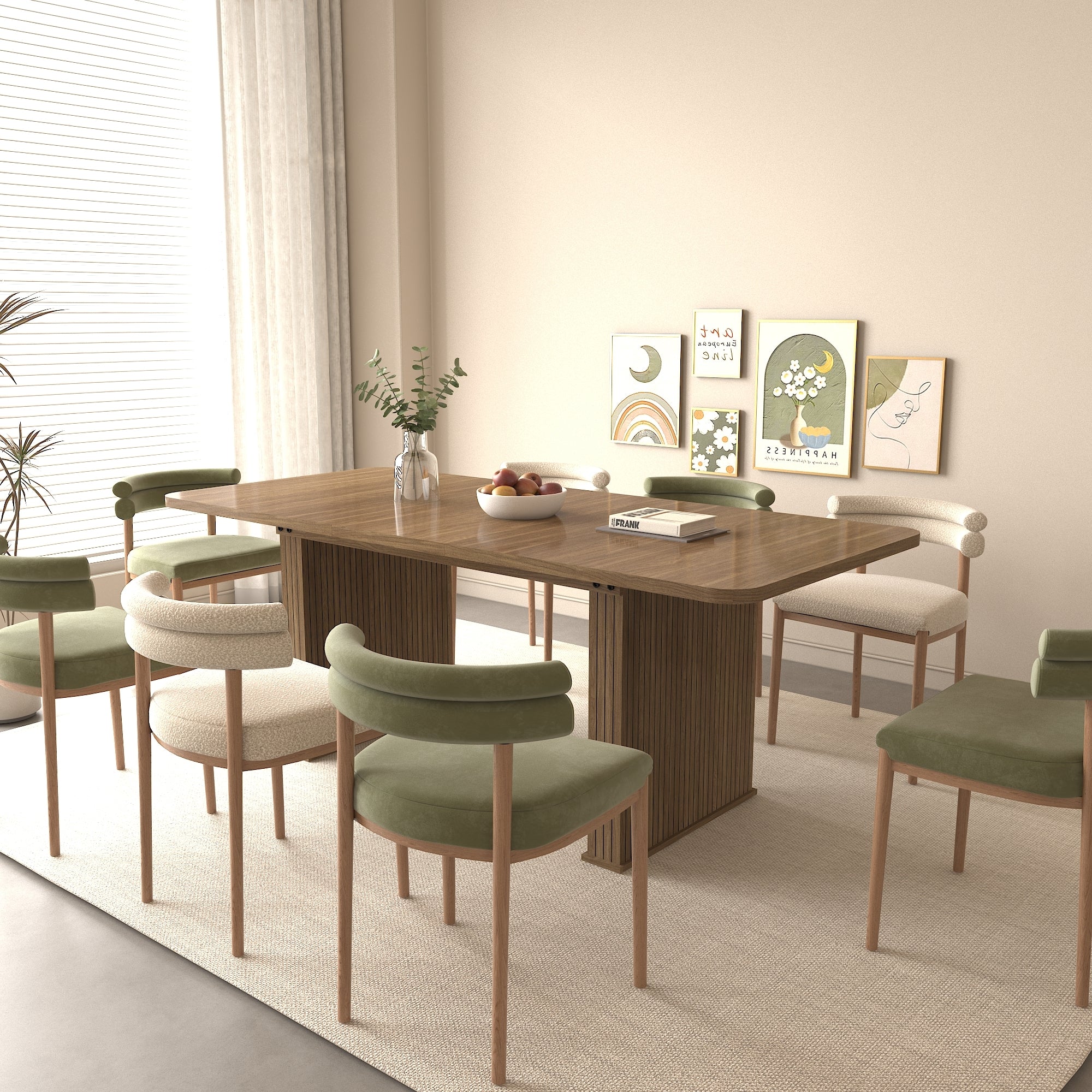 Modern Dining Table for 6-10 People, Wood Kitchen Table with Double Robust Pedestal, Wooden Dinner Table for Dining Room