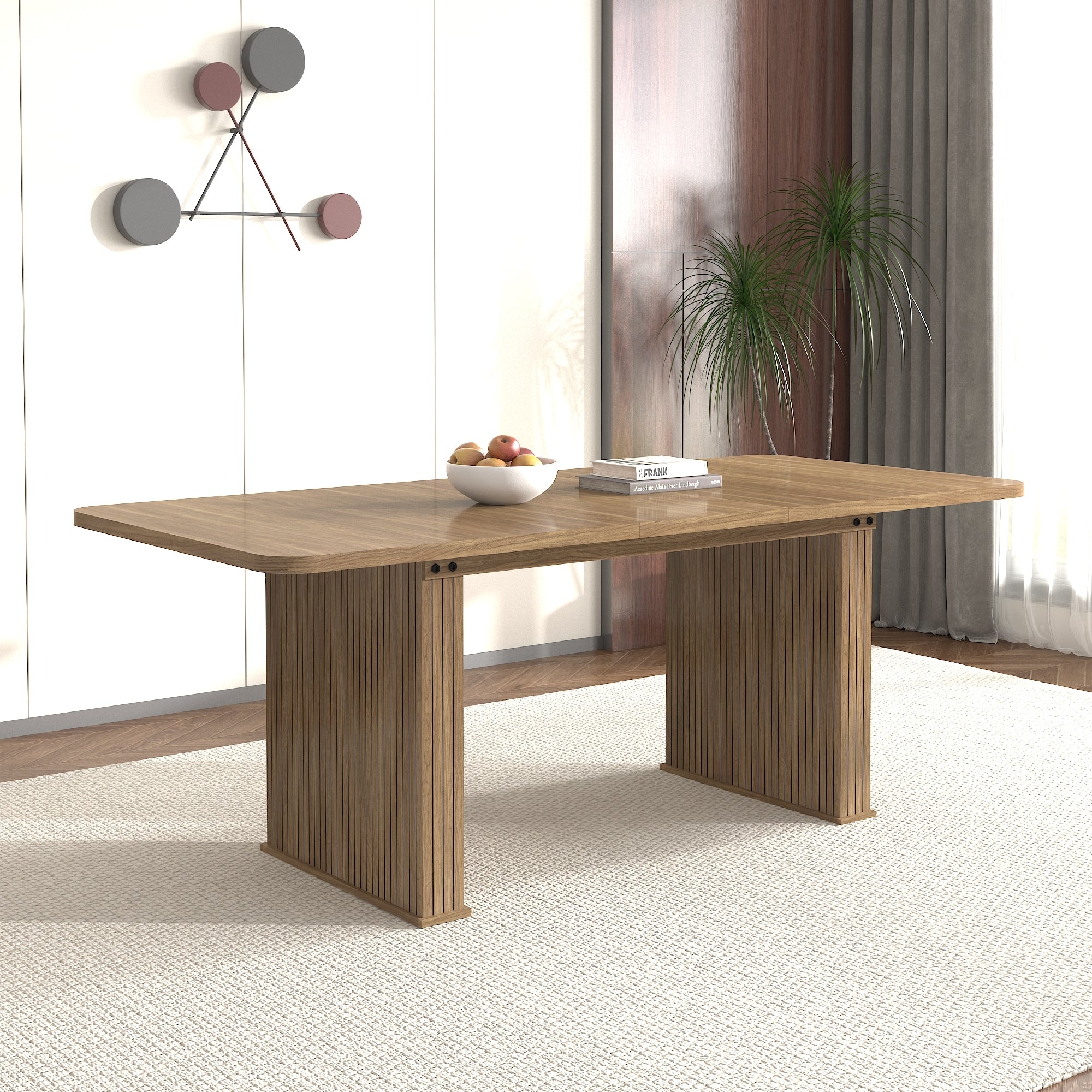 Modern Dining Table for 6-10 People, Wood Kitchen Table with Double Robust Pedestal, Wooden Dinner Table for Dining Room