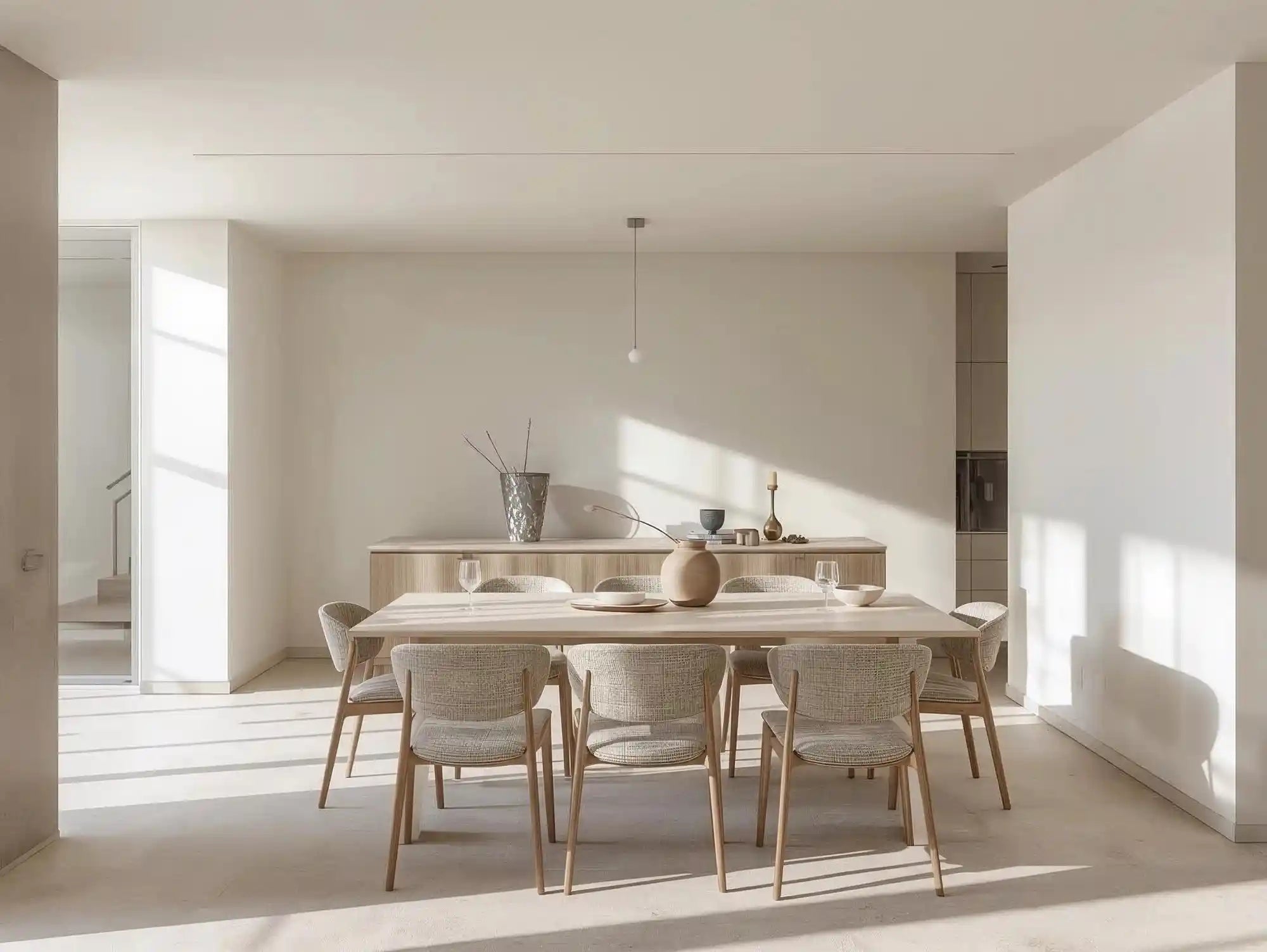 Modern dining area with a long wooden table and chairs in a bright, minimalistic room.