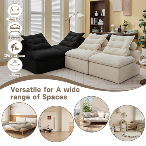 Modular Armless Corduroy Sofa, Beige Black, 4 Seats.