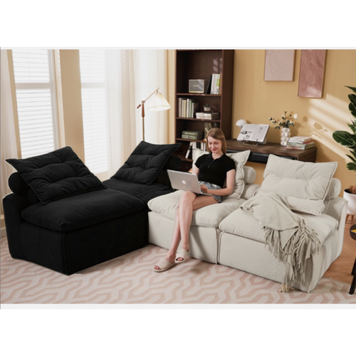 Modular Armless Corduroy Sofa, Beige Black, 4 Seats.