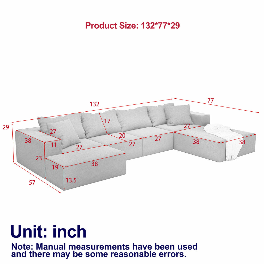 Modern Upholstered Sectional Boneless Couch Set,Modular 132' L Shaped Sectional Living Room Sofa Set With 6 Pillows,Free Combination Sofa Couch for Living Room,Bedroom