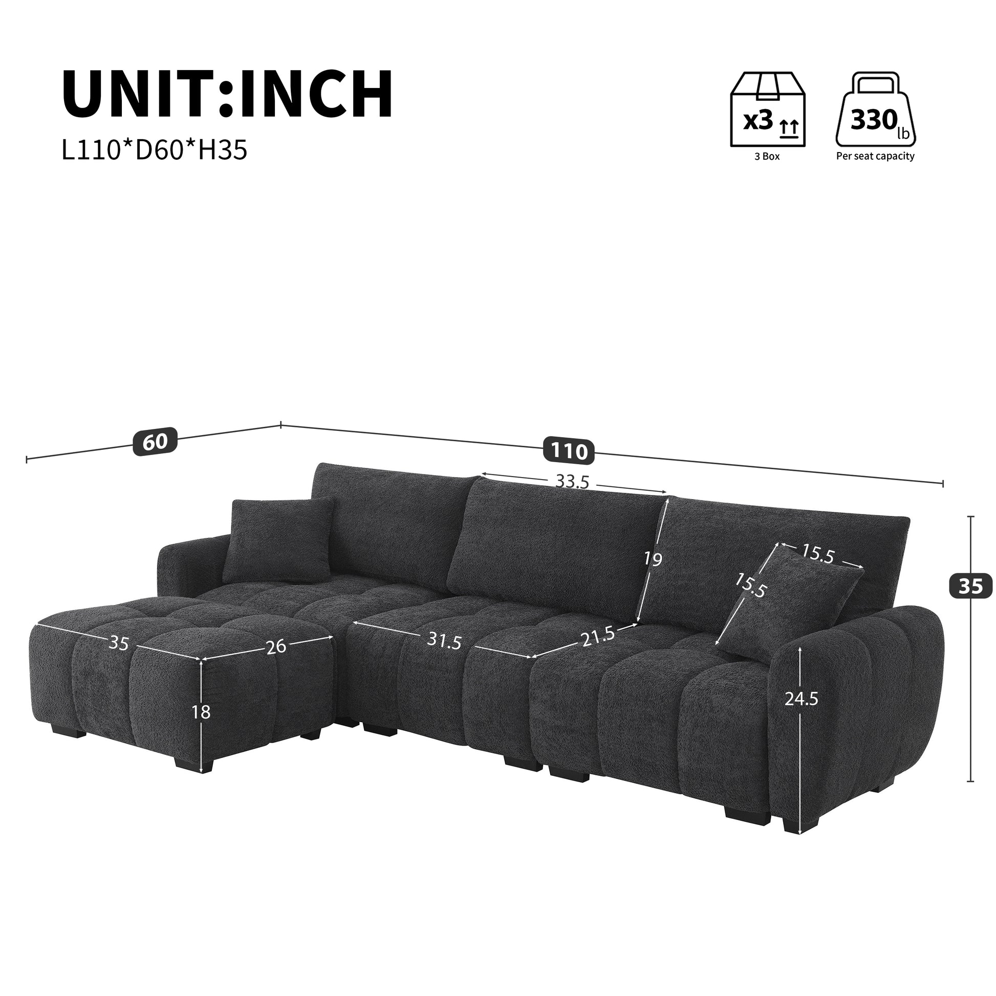 [VIDEO] 110' Modular Sectional Sofa, L Shape with Extra-large Seat, Pull-line Design, Movable Ottoman, High Density Foam, Free Combination, Sturdy Metal&Wood Frame, Boucle Fabric, 3 Colors