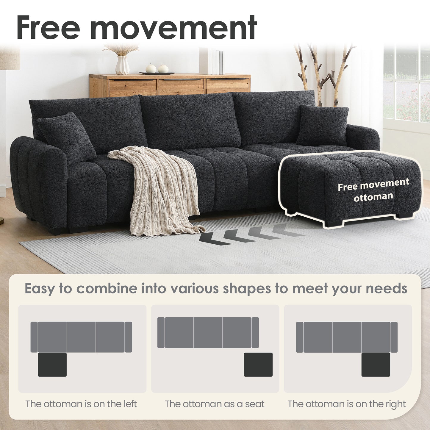 [VIDEO] 110' Modular Sectional Sofa, L Shape with Extra-large Seat, Pull-line Design, Movable Ottoman, High Density Foam, Free Combination, Sturdy Metal&Wood Frame, Boucle Fabric, 3 Colors