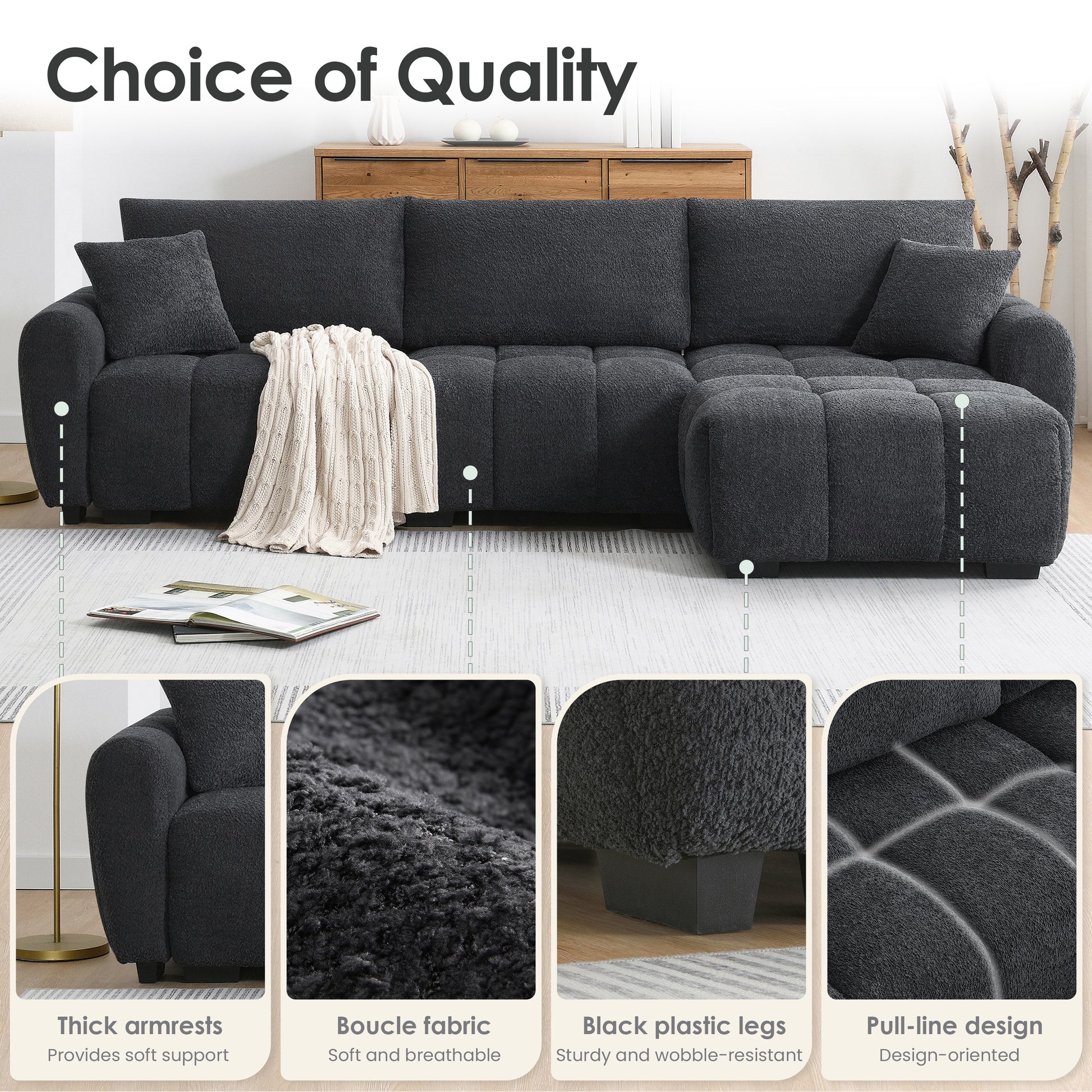 [VIDEO] 110' Modular Sectional Sofa, L Shape with Extra-large Seat, Pull-line Design, Movable Ottoman, High Density Foam, Free Combination, Sturdy Metal&Wood Frame, Boucle Fabric, 3 Colors