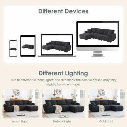 [VIDEO] 110' Modular Sectional Sofa, L Shape with Extra-large Seat, Pull-line Design, Movable Ottoman, High Density Foam, Free Combination, Sturdy Metal&Wood Frame, Boucle Fabric, 3 Colors