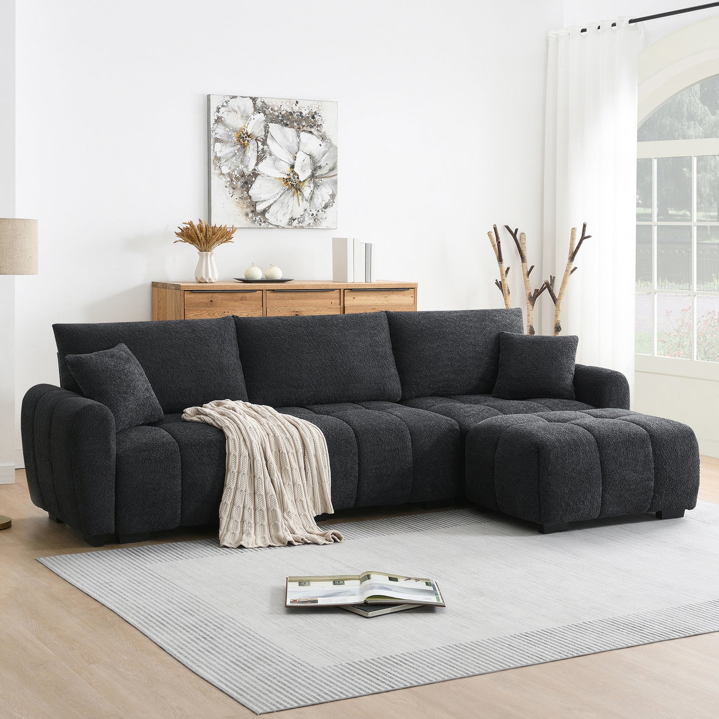 [VIDEO] 110' Modular Sectional Sofa, L Shape with Extra-large Seat, Pull-line Design, Movable Ottoman, High Density Foam, Free Combination, Sturdy Metal&Wood Frame, Boucle Fabric, 3 Colors