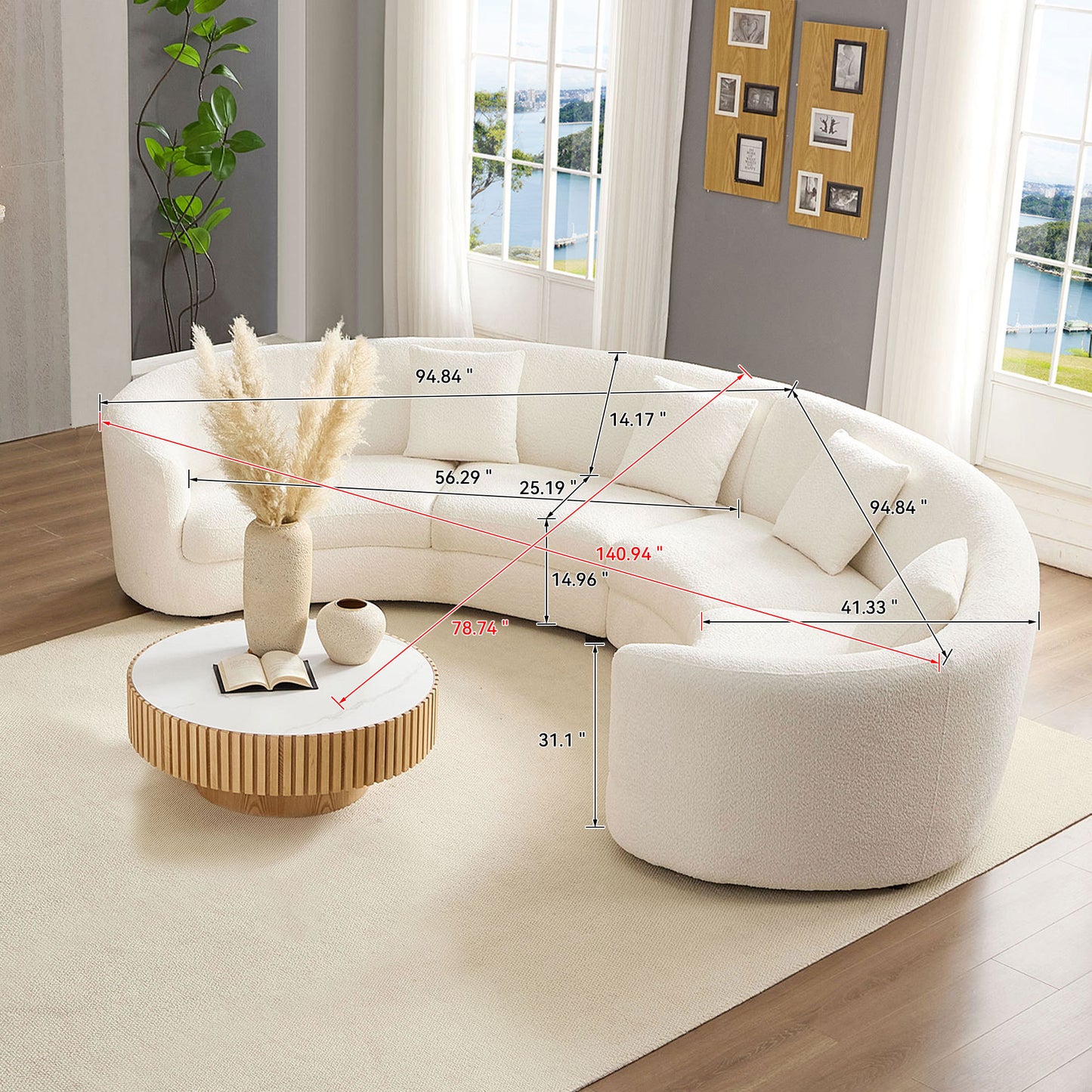 Monroe Curved Mid-Century Modern Sofa | 4-Seater | Beige