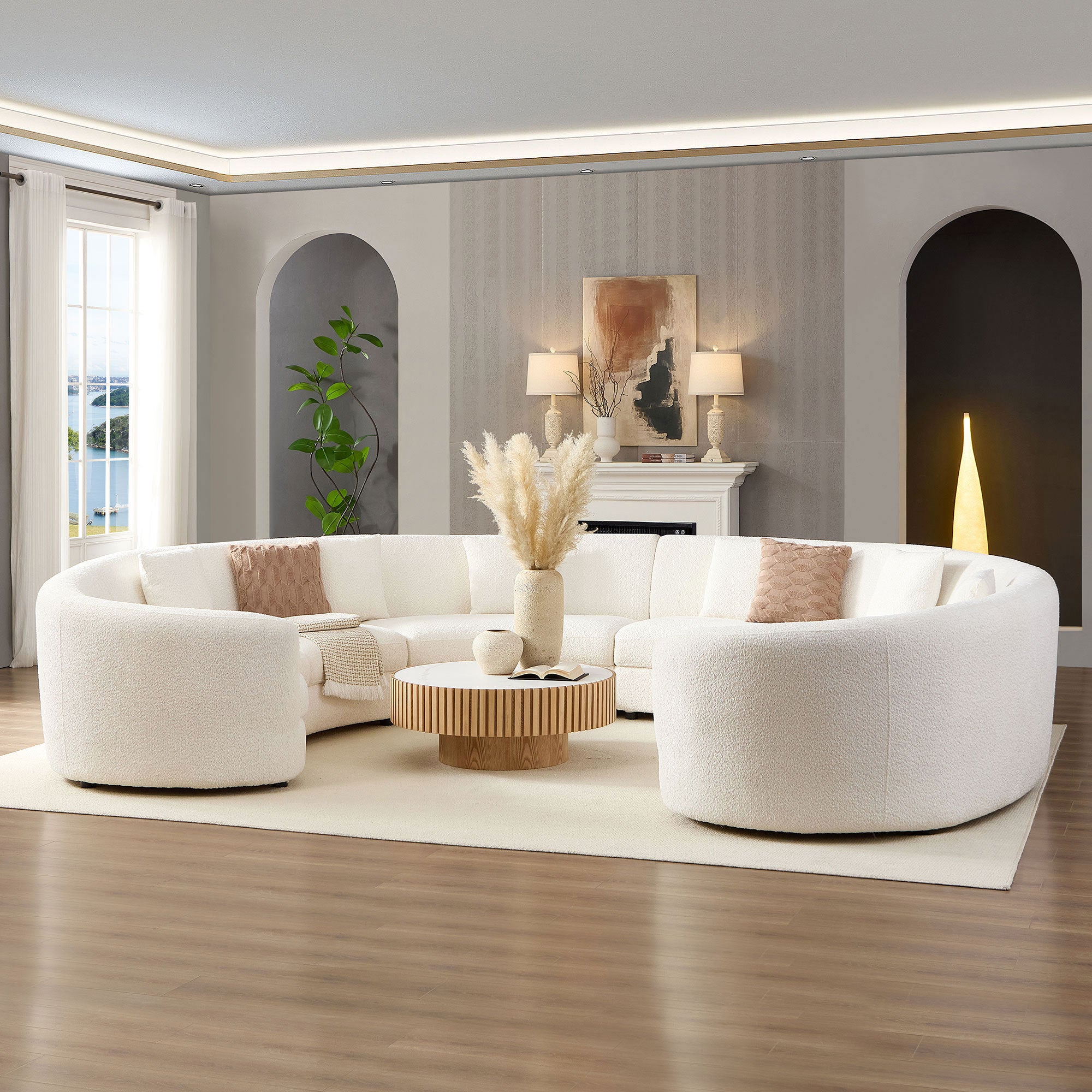 Mid-Century Modern Beige Sectional Sofa, Free Combination Modular Couch for Living Room 6 Seat