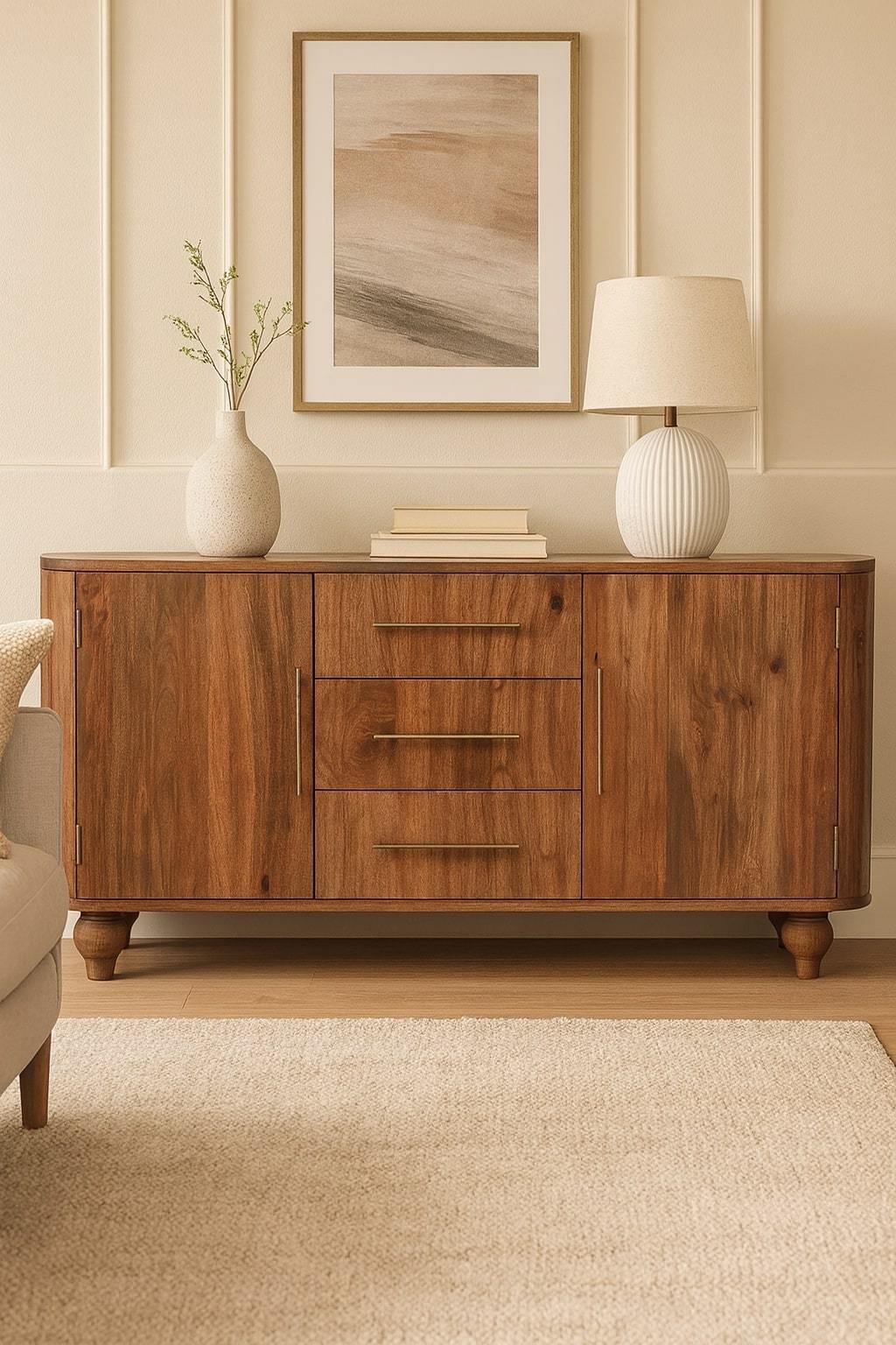Solid Wood Montara Sideboard,Beige,2-Doors,3-Drawers Sideboard