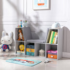 6-Cubby Kids Bookcase with Reading Nook and Cushion, Multi-Purpose Storage Organizer for Bedroom, Living Room, Grey - Groovy Boardz