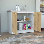 Napoles Utility Sink with Cabinet, One Shelf, Double Door Cabinet -White / Light Oak