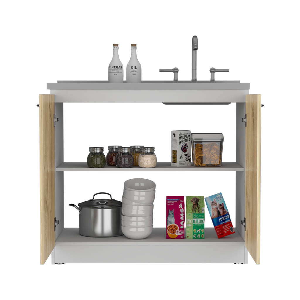 Napoles Utility Sink with Cabinet, One Shelf, Double Door Cabinet -White / Light Oak