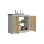 Napoles Utility Sink with Cabinet, One Shelf, Double Door Cabinet -White / Light Oak