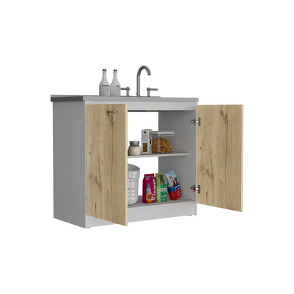 Napoles Utility Sink with Cabinet, One Shelf, Double Door Cabinet -White / Light Oak