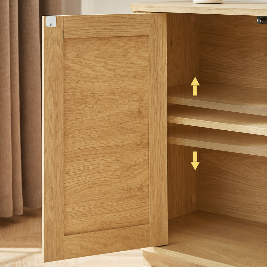 64-inch wave shaped TV stand, rounded corner sideboard, storage cabinet, buffet, wood vertical striped cabinet with rattan doors for kitchen/bedroom/entryway. Natural, 64''W x 15''D x 31.5''H