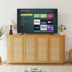64-inch wave shaped TV stand, rounded corner sideboard, storage cabinet, buffet, wood vertical striped cabinet with rattan doors for kitchen/bedroom/entryway. Natural, 64''W x 15''D x 31.5''H