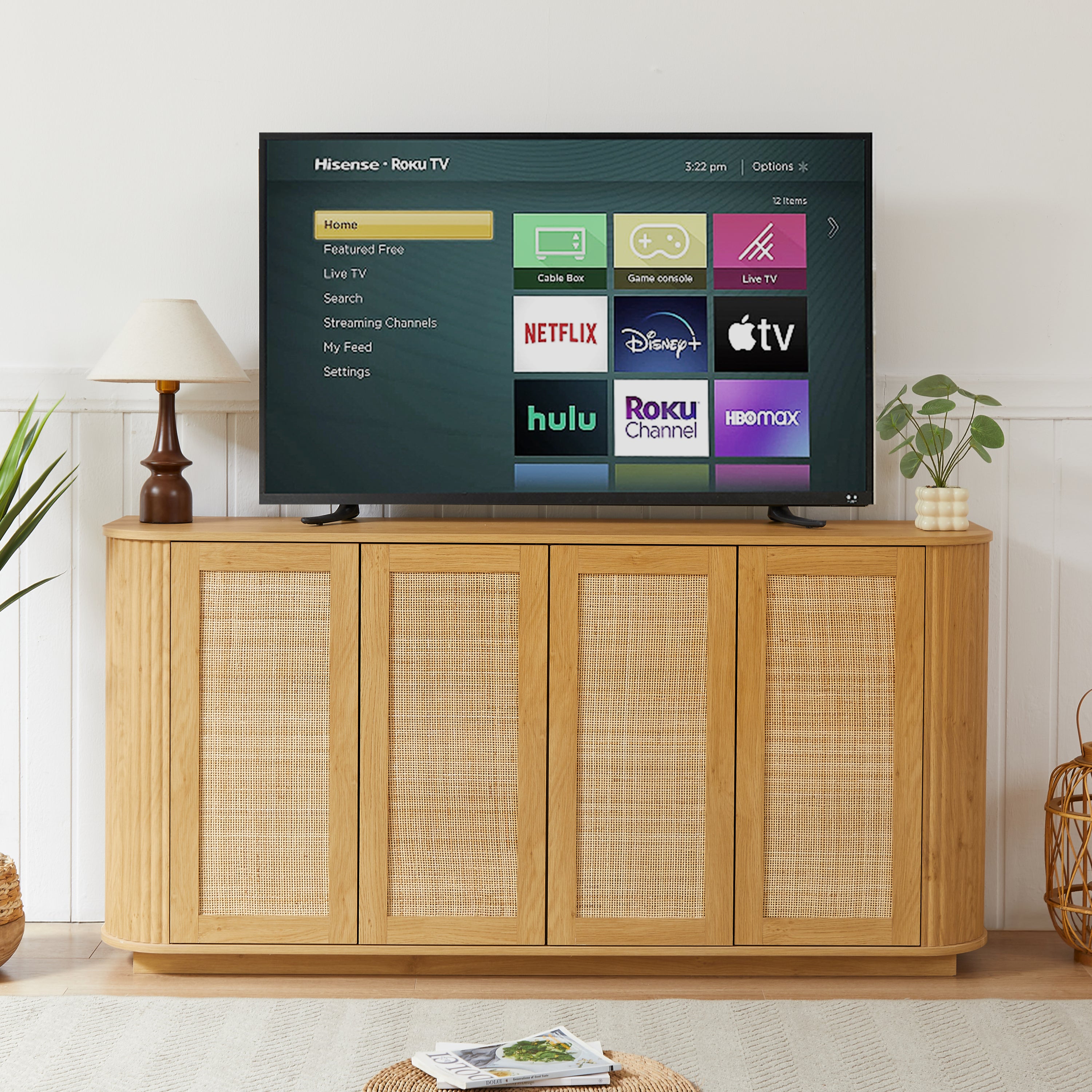 64-inch wave shaped TV stand, rounded corner sideboard, storage cabinet, buffet, wood vertical striped cabinet with rattan doors for kitchen/bedroom/entryway. Natural, 64''W x 15''D x 31.5''H