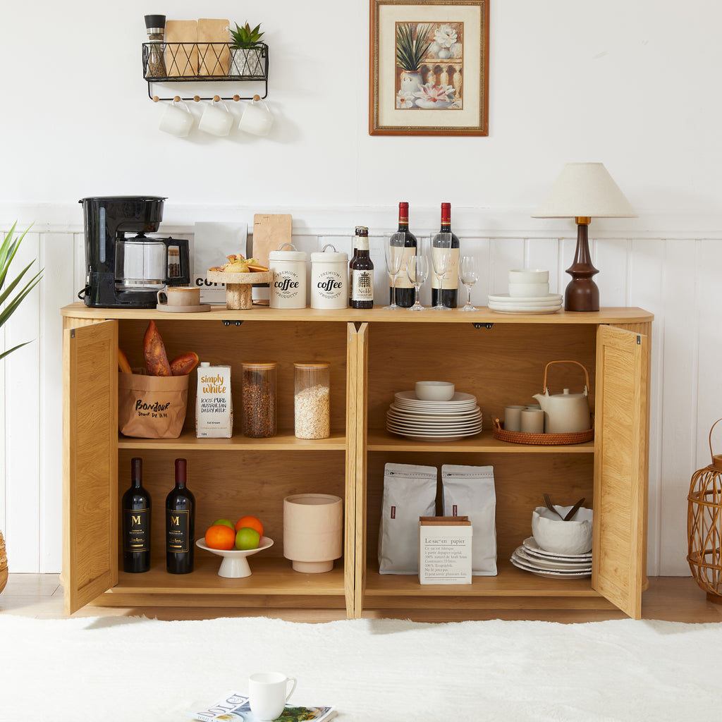 64-inch wave shaped TV stand, rounded corner sideboard, storage cabinet, buffet, wood vertical striped cabinet with rattan doors for kitchen/bedroom/entryway. Natural, 64''W x 15''D x 31.5''H