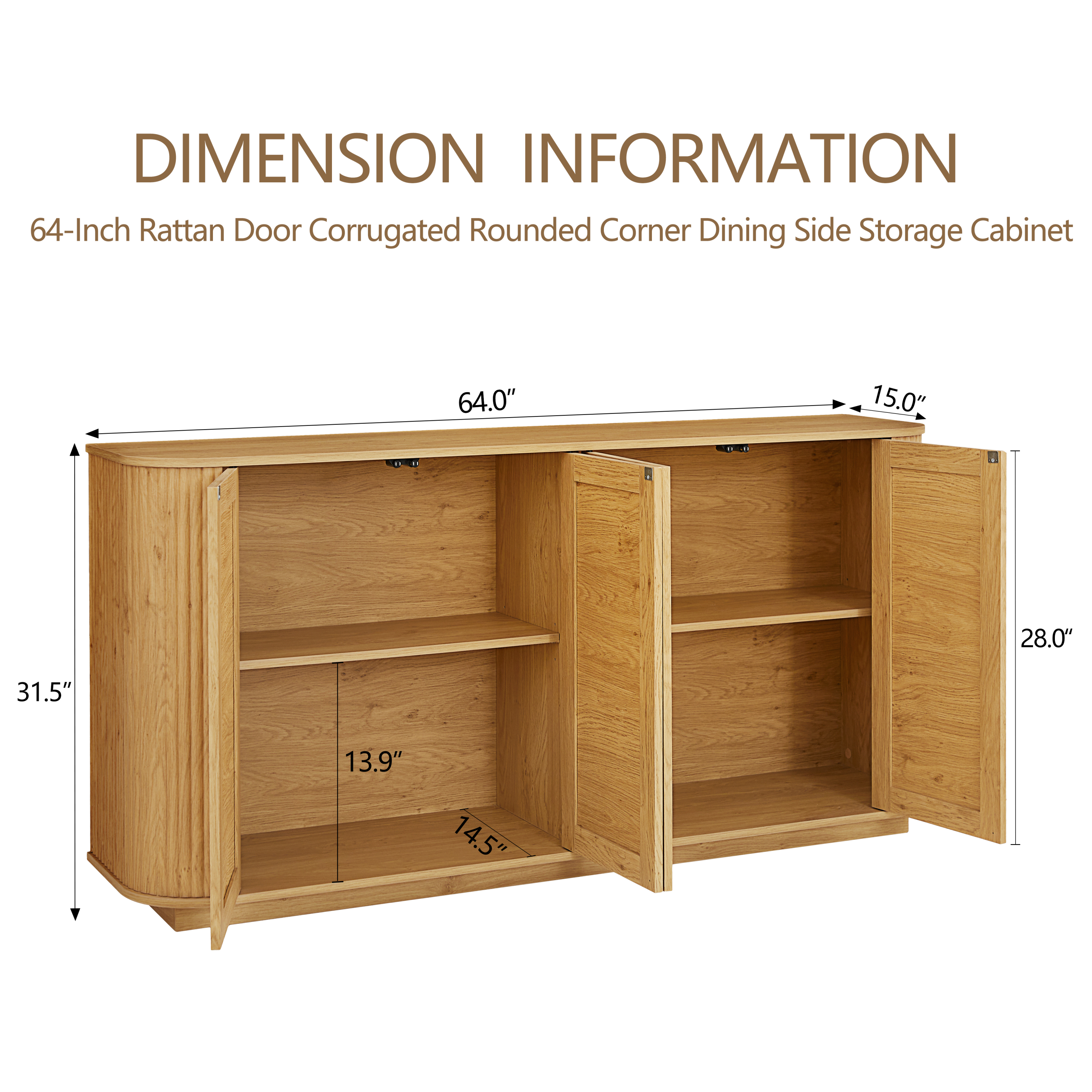 64-inch wave shaped TV stand, rounded corner sideboard, storage cabinet, buffet, wood vertical striped cabinet with rattan doors for kitchen/bedroom/entryway. Natural, 64''W x 15''D x 31.5''H