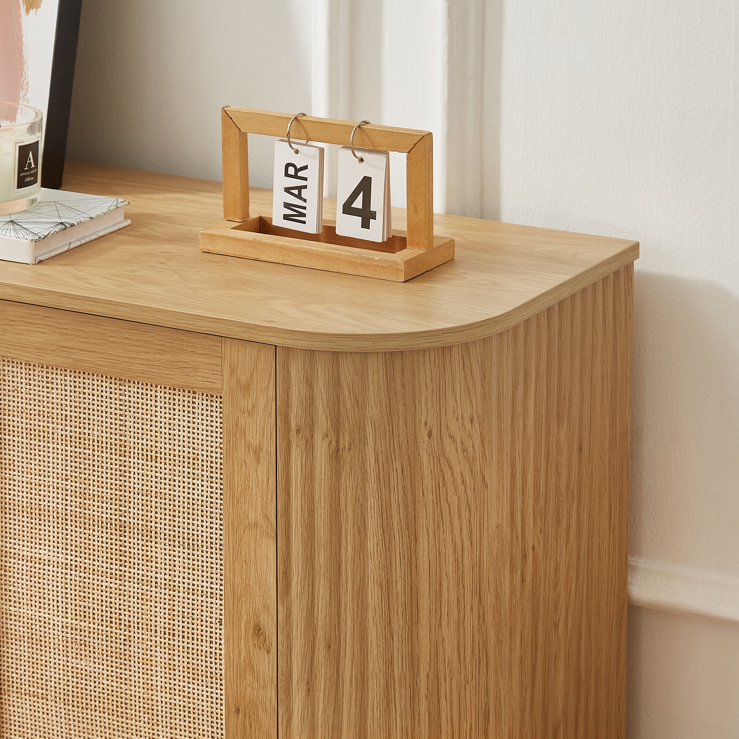 64-inch wave shaped TV stand, rounded corner sideboard, storage cabinet, buffet, wood vertical striped cabinet with rattan doors for kitchen/bedroom/entryway. Natural, 64''W x 15''D x 31.5''H