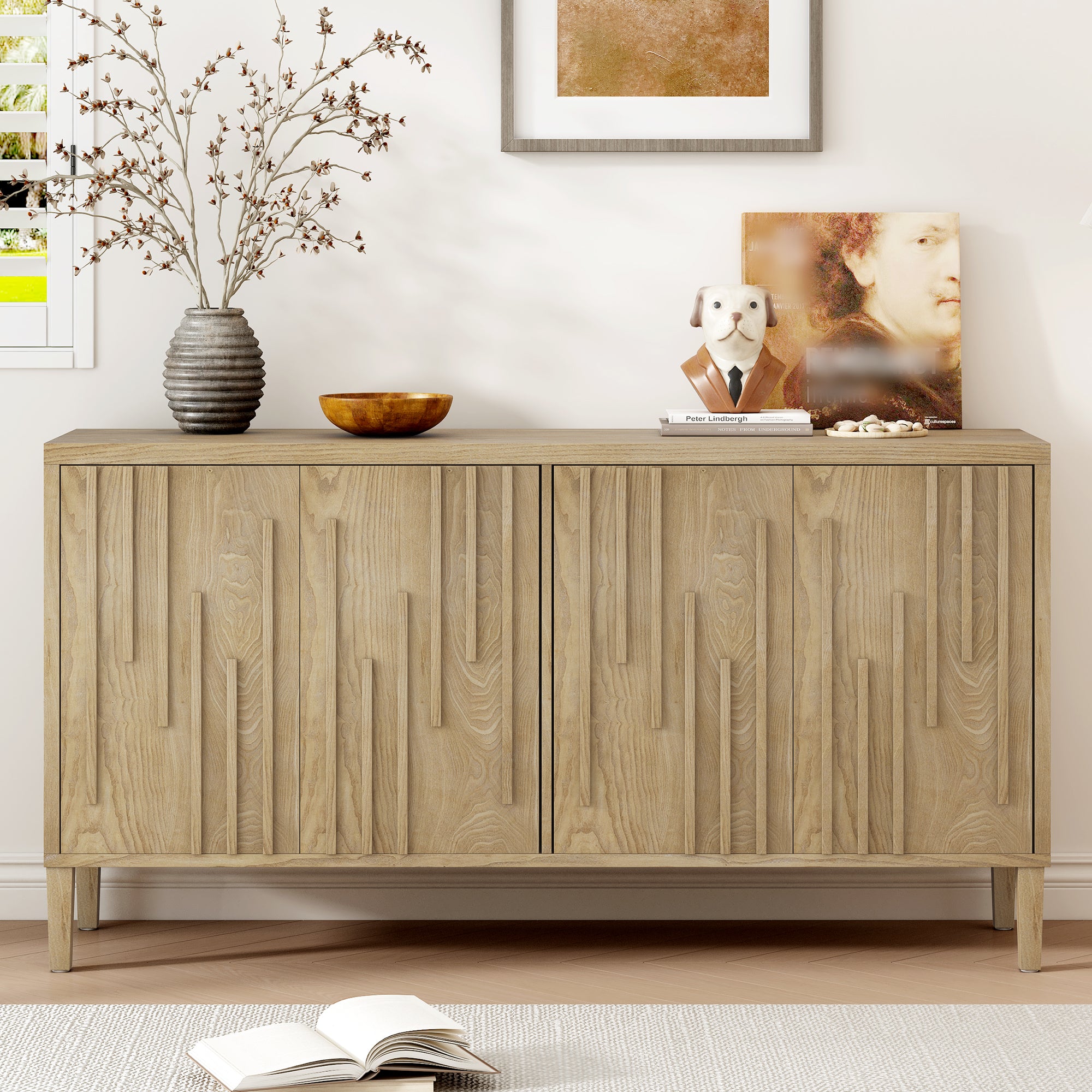 U_Style 59.8' 4-Door Sideboard,Hidden Handle,Distinctive Solid Ash Veneer Buffet with Storage, Farmhouse Sideboard TV Stand for Living Room, Hallway, Dining, Wood Office Credenza(Natutal)