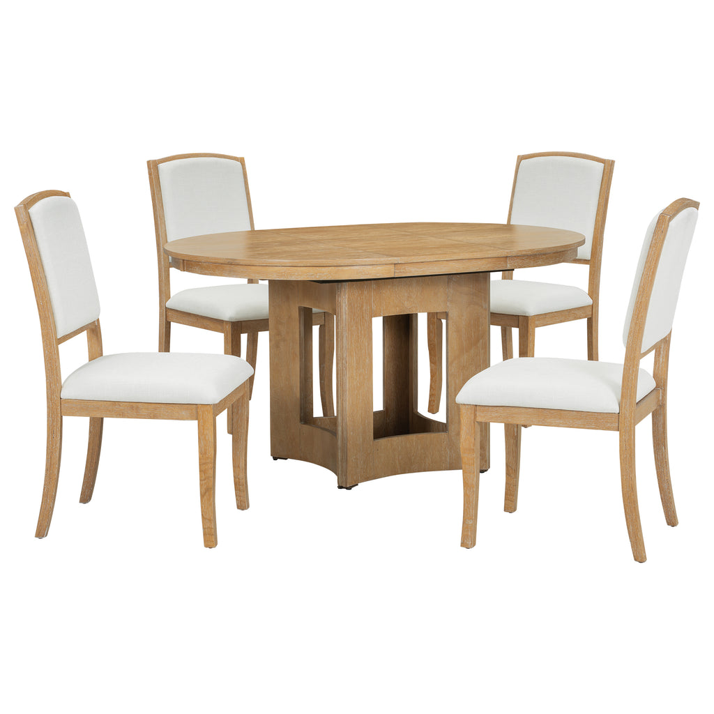 TOPMAX Farmhouse Extendable Round Dining Table Set for 4, 5-Piece Kitchen Table Set with 4 Upholstered Chairs and 16inch Removable Leaf for Small Places, Natural+Beige Dining Table Set