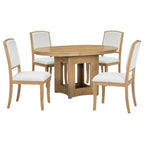 TOPMAX Farmhouse Extendable Round Dining Table Set for 4, 5-Piece Kitchen Table Set with 4 Upholstered Chairs and 16inch Removable Leaf for Small Places, Natural+Beige Dining Table Set
