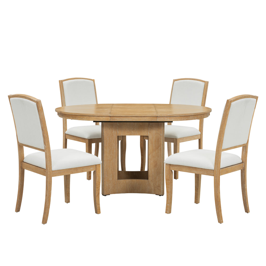 TOPMAX Farmhouse Extendable Round Dining Table Set for 4, 5-Piece Kitchen Table Set with 4 Upholstered Chairs and 16inch Removable Leaf for Small Places, Natural+Beige Dining Table Set
