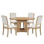 TOPMAX Farmhouse Extendable Round Dining Table Set for 4, 5-Piece Kitchen Table Set with 4 Upholstered Chairs and 16inch Removable Leaf for Small Places, Natural+Beige Dining Table Set