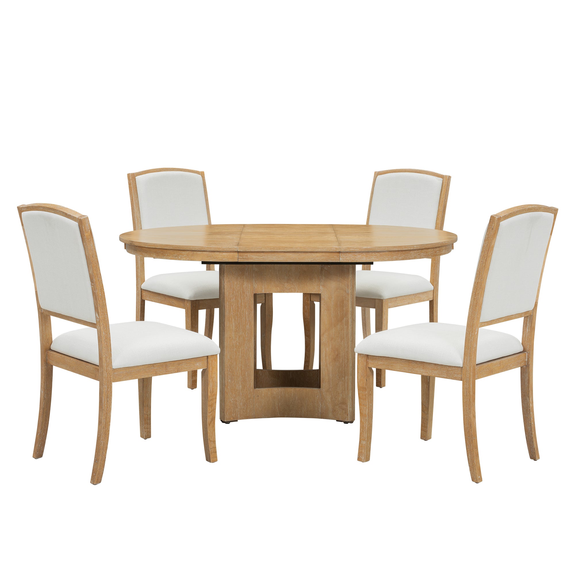 TOPMAX Farmhouse Extendable Round Dining Table Set for 4, 5-Piece Kitchen Table Set with 4 Upholstered Chairs and 16inch Removable Leaf for Small Places, Natural+Beige Dining Table Set