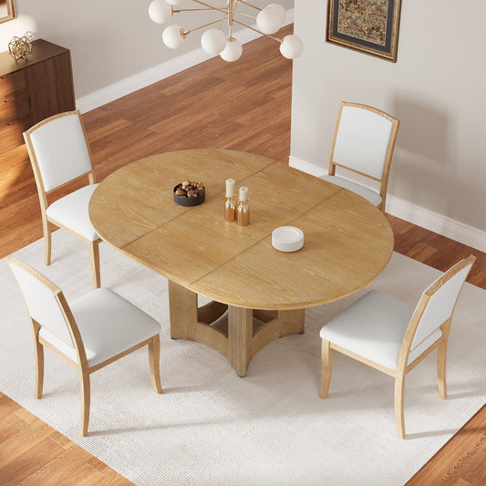 TOPMAX Farmhouse Extendable Round Dining Table Set for 4, 5-Piece Kitchen Table Set with 4 Upholstered Chairs and 16inch Removable Leaf for Small Places, Natural+Beige Dining Table Set