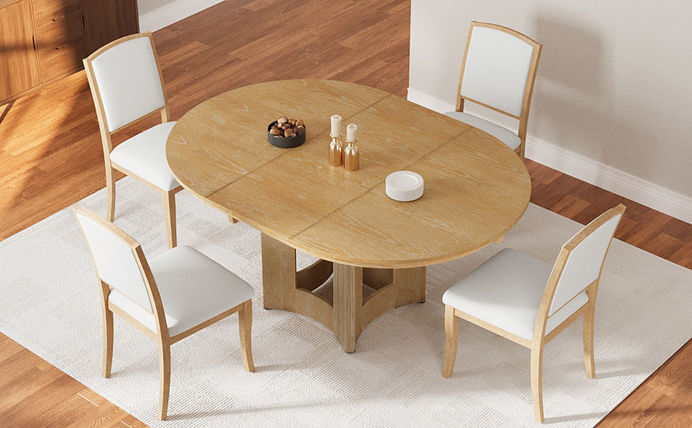 TOPMAX Farmhouse Extendable Round Dining Table Set for 4, 5-Piece Kitchen Table Set with 4 Upholstered Chairs and 16inch Removable Leaf for Small Places, Natural+Beige Dining Table Set