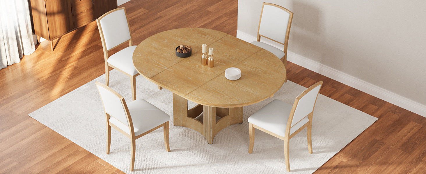 TOPMAX Farmhouse Extendable Round Dining Table Set for 4, 5-Piece Kitchen Table Set with 4 Upholstered Chairs and 16inch Removable Leaf for Small Places, Natural+Beige Dining Table Set