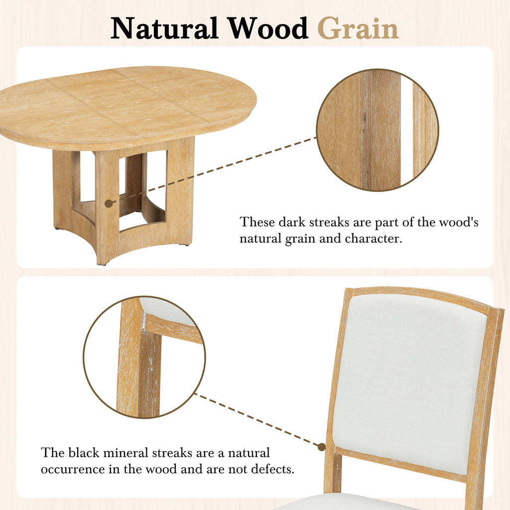 TOPMAX Farmhouse Extendable Round Dining Table Set for 4, 5-Piece Kitchen Table Set with 4 Upholstered Chairs and 16inch Removable Leaf for Small Places, Natural+Beige Dining Table Set